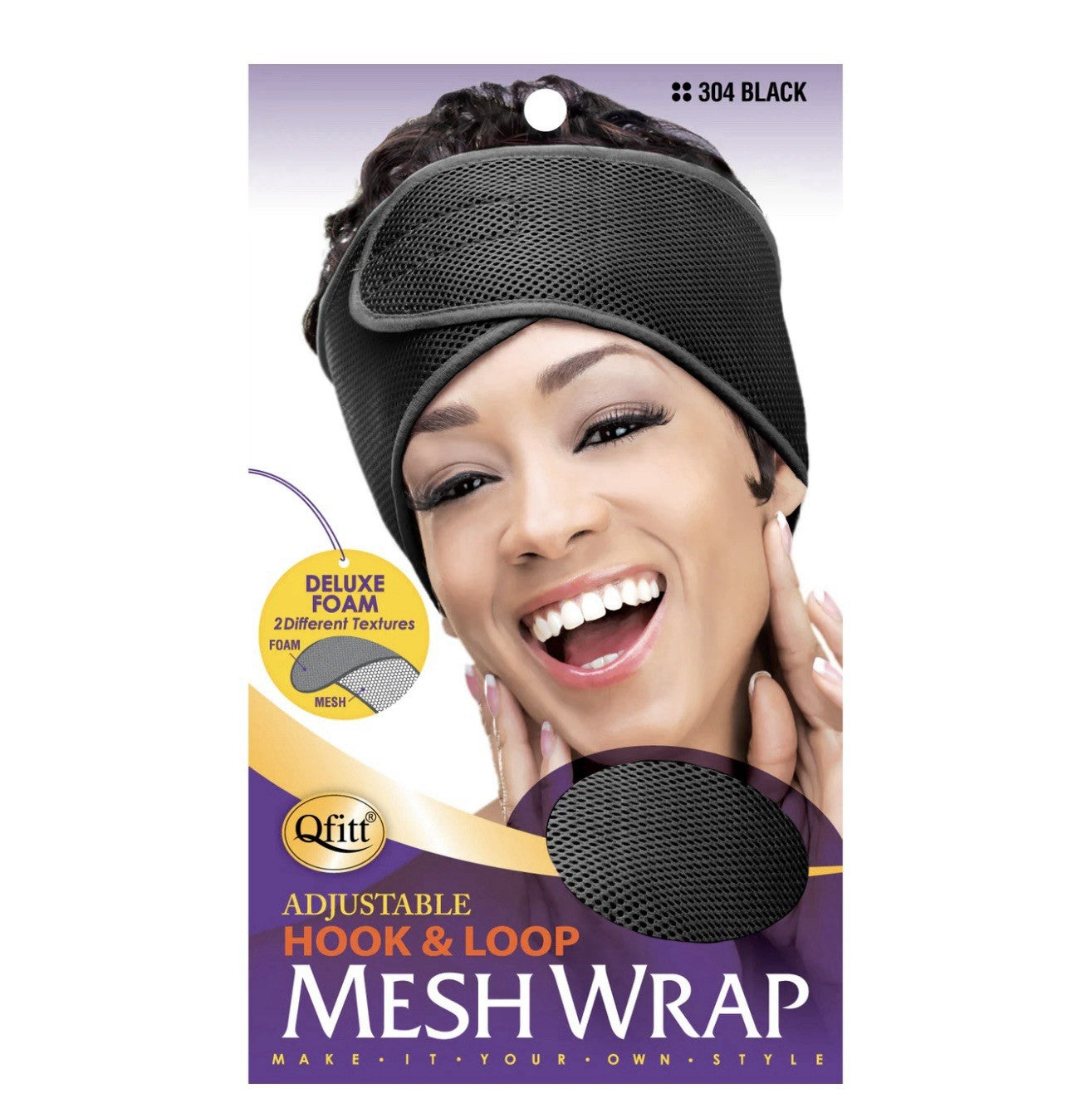 Qfitt Adjustable Hook & Loop Mesh Wrap Black #304 Hair Wrap Wig Secure Band