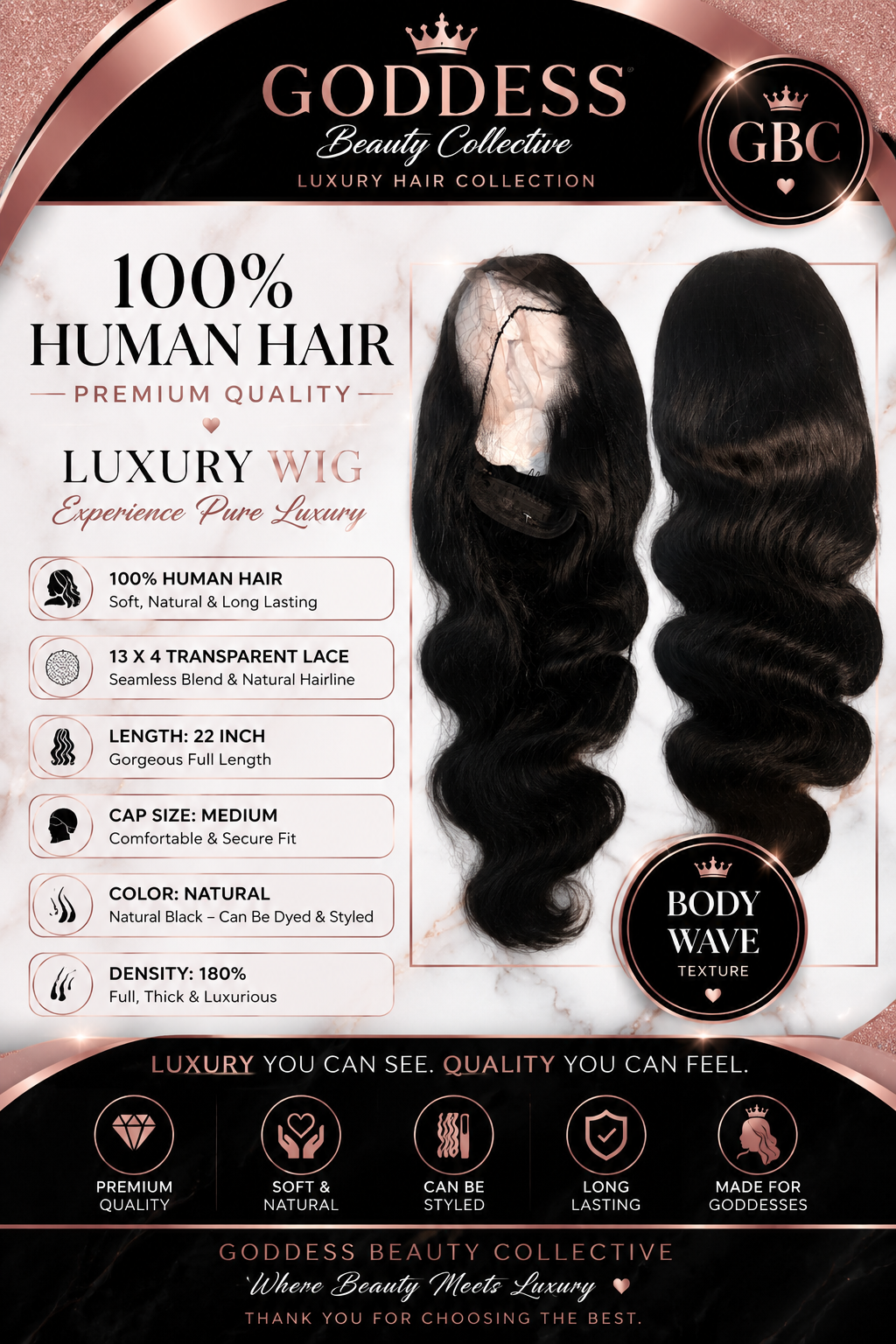 22'' BODY WAVE WIG NATRAL BLACK