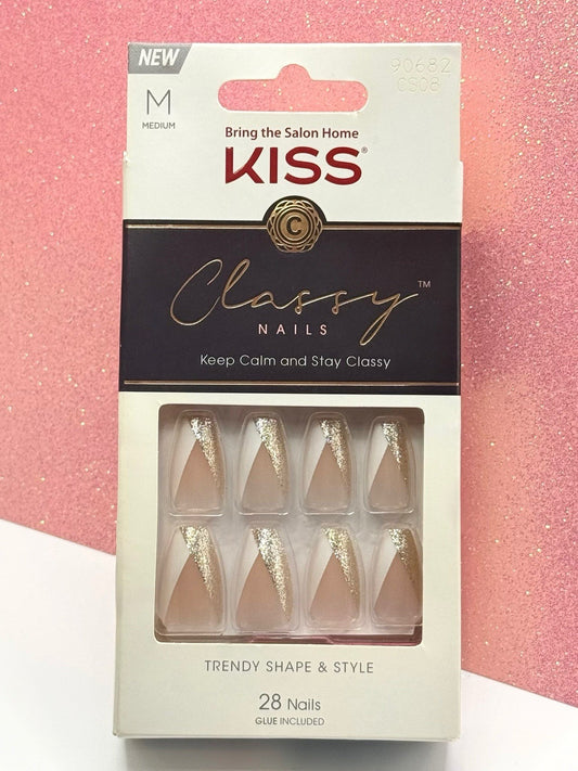 Kiss Classy Press-On Manicure Nails Medium French Gold Glitter 90682