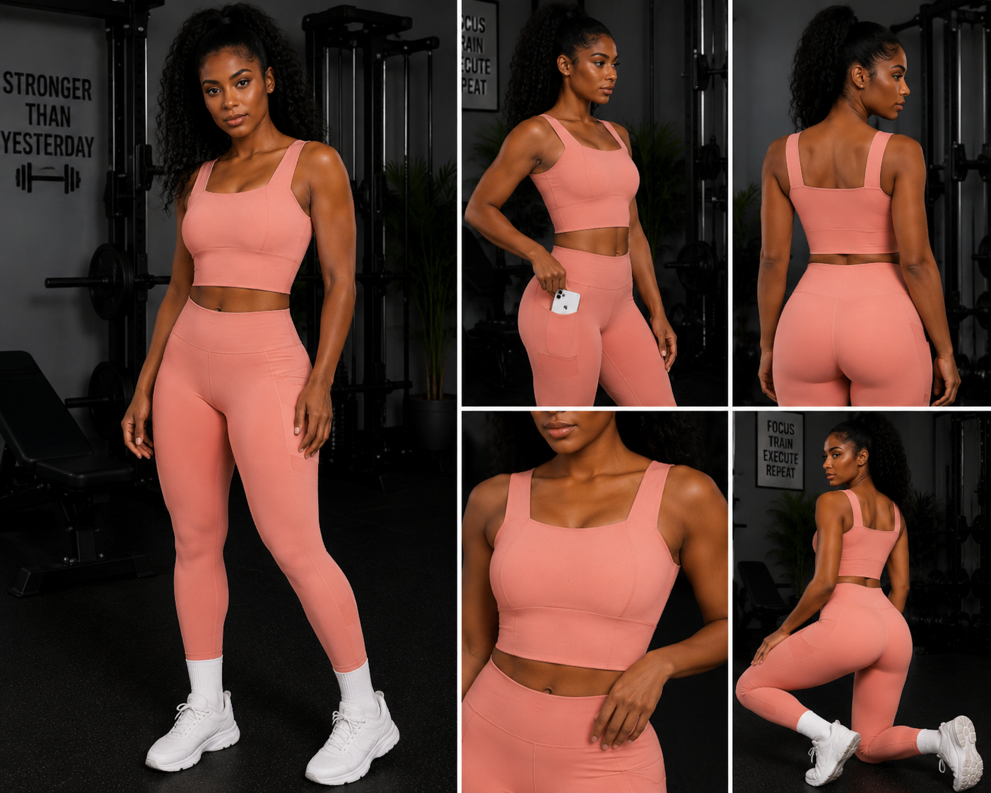 PEACH COARSE-SHOULDERED TOP LONGPANTS SET